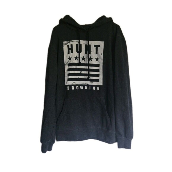 Hunt Browning Mens Dark Gray Hoodie Size Large L Hunting American Flag Hood Top - Picture 1 of 9